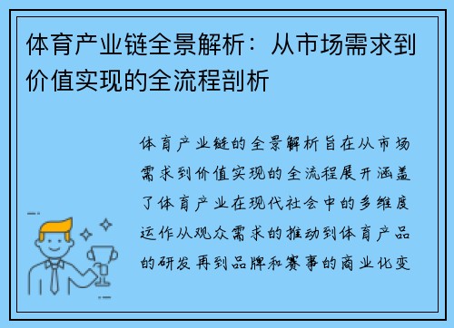 体育产业链全景解析：从市场需求到价值实现的全流程剖析