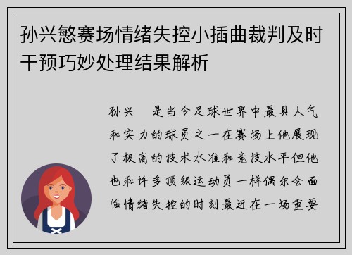 孙兴慜赛场情绪失控小插曲裁判及时干预巧妙处理结果解析